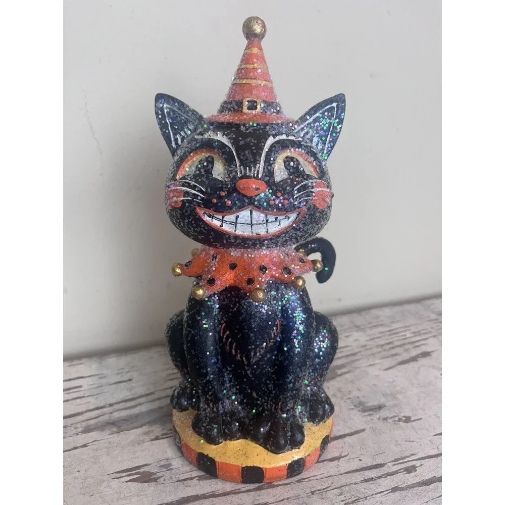Vintage Style Black Cat W/A Hat Halloween Figurine Sculpture 10” Holiday Decor